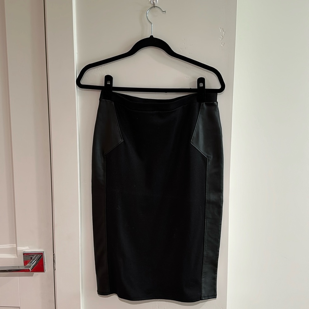 Black Aline skirt with knit front and back and faux leather side panels